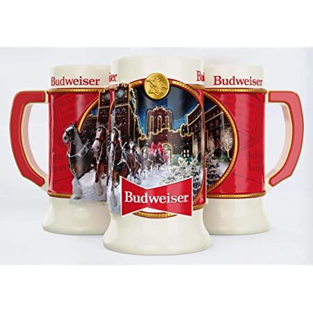 Amazon budweiser steins - The spirit of the holidays comes to life in this beautifully crafted, full-color rendering featuring the red bowtie Budweiser script logo and a golden border with "2012 Budweiser Holiday Stein" along the bottom. Limited-edition stein comes with a certificate of authenticity and makes a splendid addition to your stein collection.